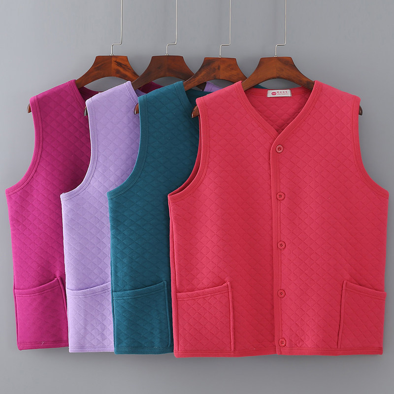 中老年女士纯棉三层保暖开衫马甲砍袖背心妈妈系扣开襟棉马甲内衣