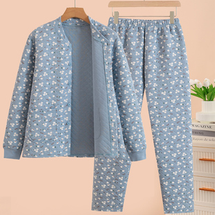 开襟夹棉家居服妈妈棉衣棉裤 中老年女士纯棉保暖内衣套装 宽松大码