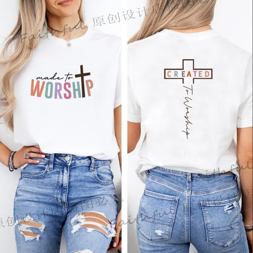 Made To Worship Created Women T Shirts十字印花女士纯棉短袖T