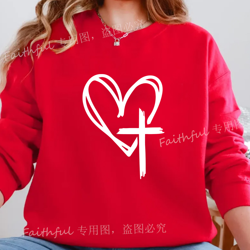 纯棉宽松爱心十字架简单女卫衣