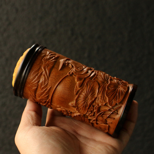 精品雕刻山水图老玉竹蝈蝈罐顶部镂空黄杨木蒙心蛐蛐叫罐虫具把玩