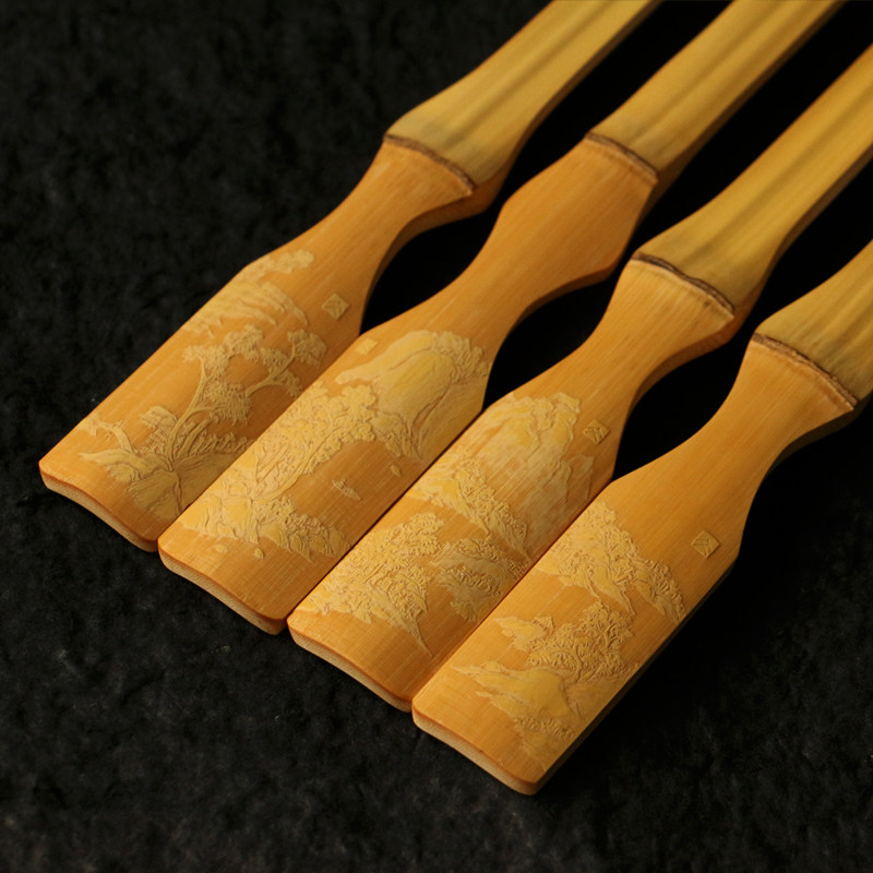 精品纯手工雕刻山水风光图异形竹节老玉竹痒痒挠一体成型竹雕把玩