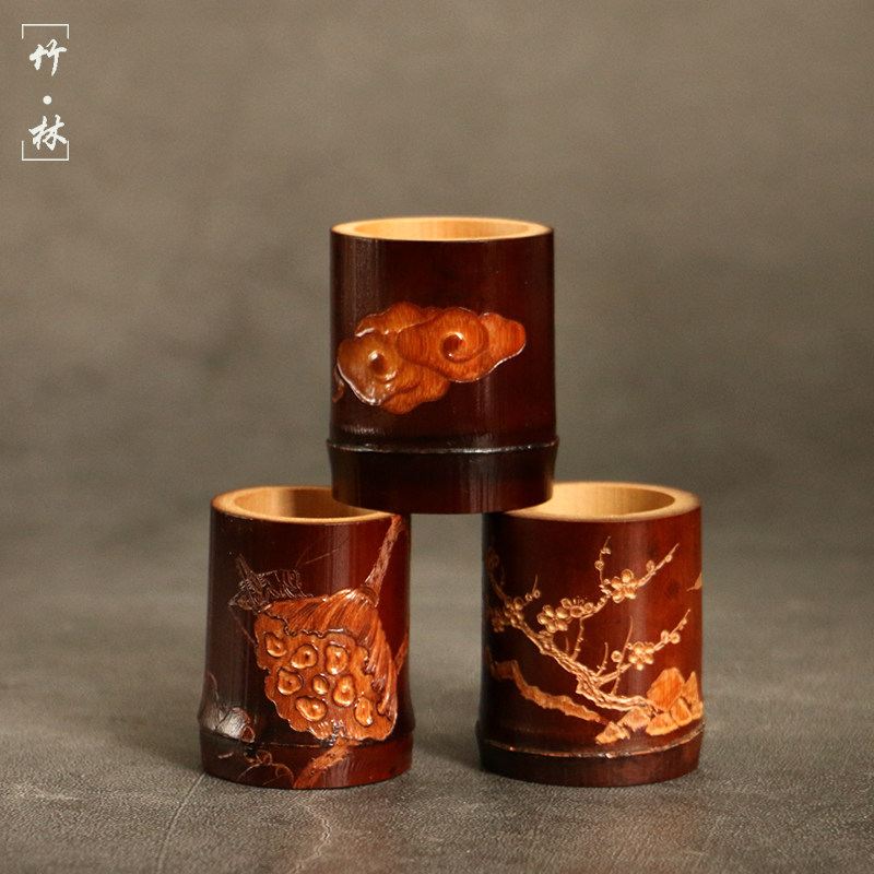 精品纯手工雕刻天然真宗广西老煤竹盖置竹雕竹节紫砂壶盖托茶配件