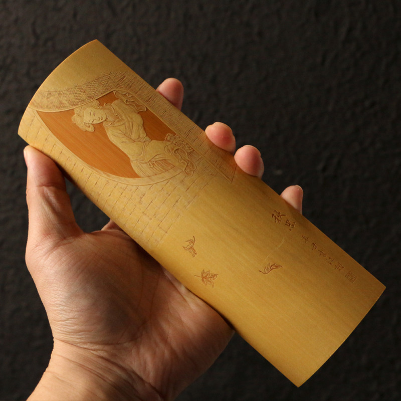 精品名家袁江纯手工留青雕刻&ldquo;秋思仕女图&rdquo;老玉竹茶则竹雕醒茶荷