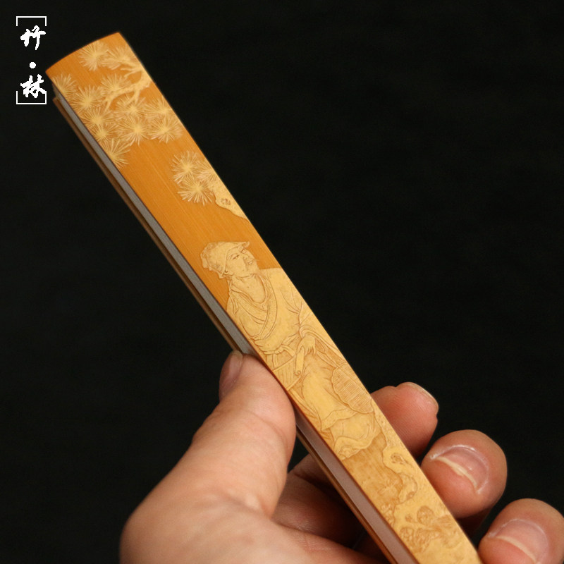 精品名家浙工王伟扇骨竹雕袁江纯手工留青雕刻老玉竹扇骨文人折扇