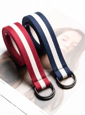 条纹双环扣帆布腰带女 潮牌工装裤青年学生百搭牛仔裤皮带男ins风