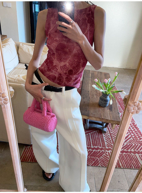 4422夏季新款甜酷欧美风性感背心辣妹粉色植绒后背镂空修身上衣