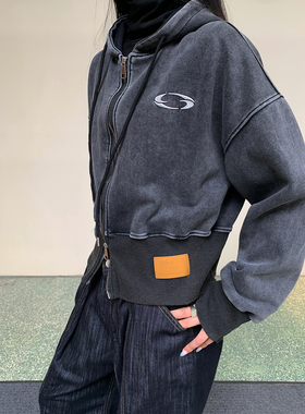 4422新款2024秋冬加厚连帽卫衣外套女小众加宽螺纹收腰夹克上衣