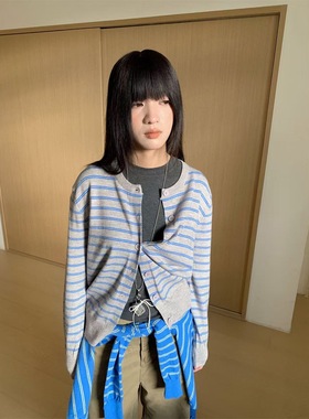 4422shop复古撞色条纹毛衣女秋季新款慵懒风宽松针织开衫上衣外套