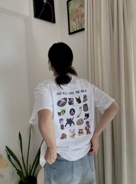 4422纯棉后背趣味猫咪biubiu印花短袖圆领T恤女夏季新款休闲上衣