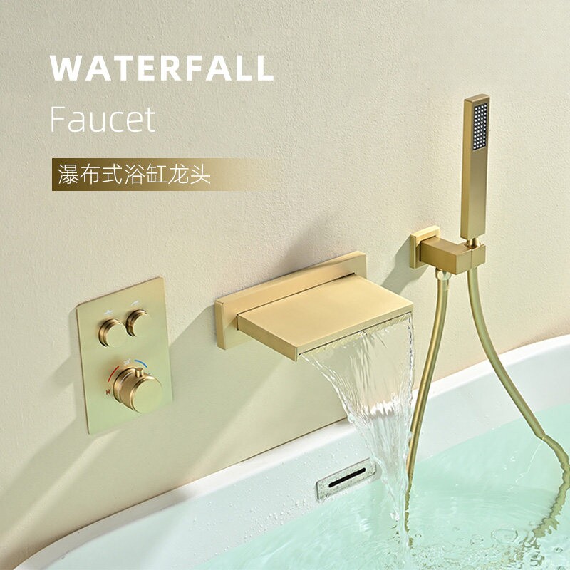 极简拉丝金全铜暗装预埋式恒温瀑布淋浴花洒浴缸边龙头枪灰色
