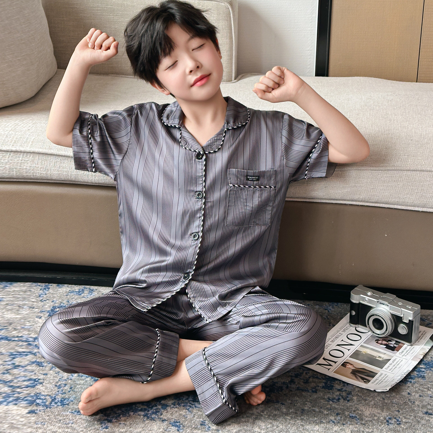 休闲风冰丝睡衣男童夏季薄款凉感透气开衫家居服套装8岁9潮