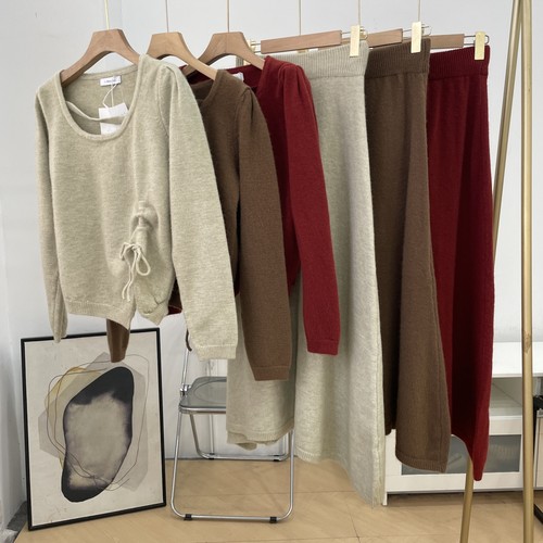 两件套装挂脖长袖打底针织衫女+纯色高腰显瘦气质套装L#12