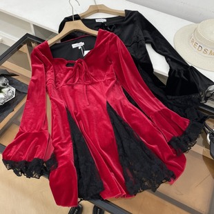 法式 显瘦女裙子 新款 气质蕾丝拼接丝绒连衣裙春季