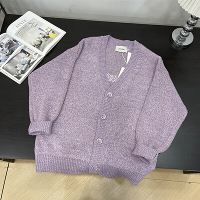 秋冬款V领宽松毛衣针织开衫上衣女慵懒风高级感长袖外套K#