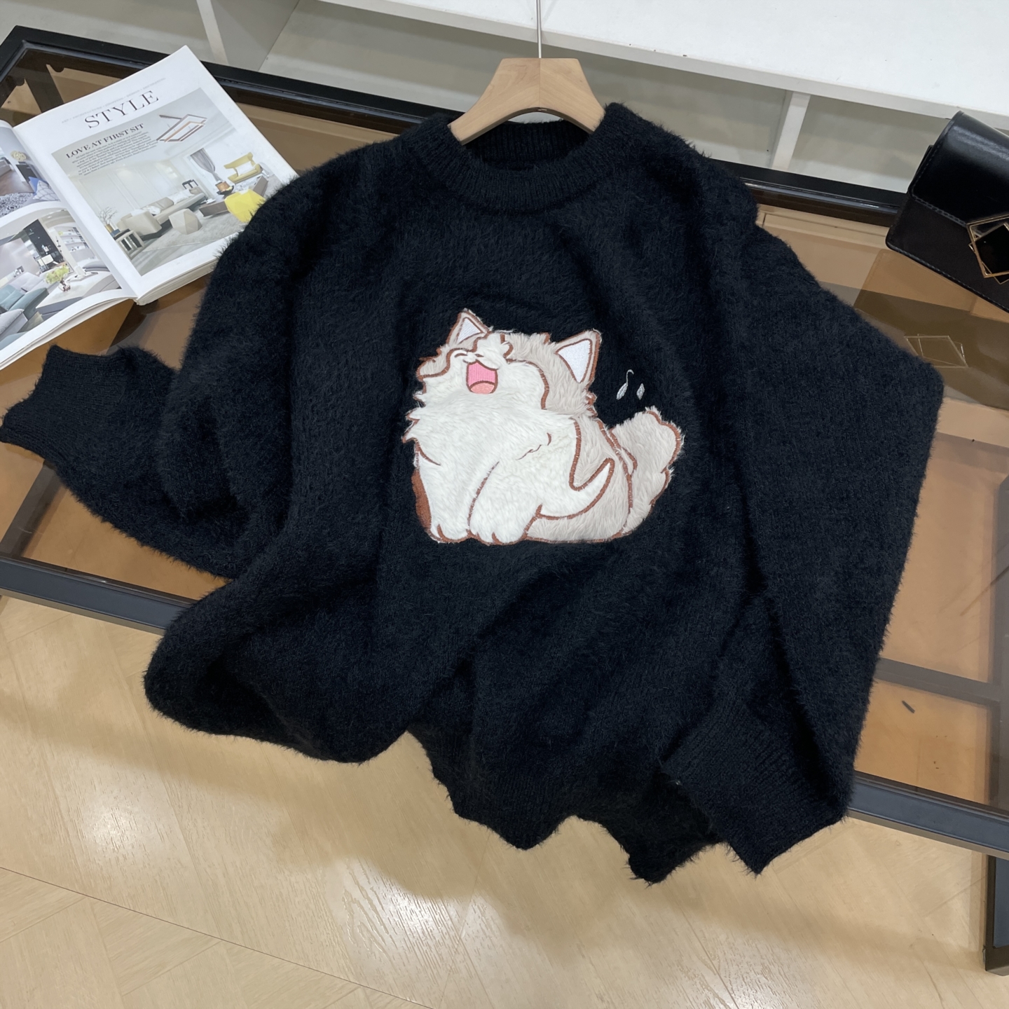 时尚宽松显瘦设计感小猫印花长袖毛衣女小众通勤风上衣K#6