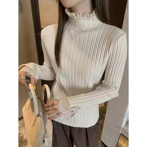 针织衫显瘦纯色休闲打底套头拼接蕾丝新款套头女 L#2