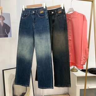 复古阔腿牛仔裤 美式 女春新款 水洗蓝宽松显瘦垂感直筒裤 楠