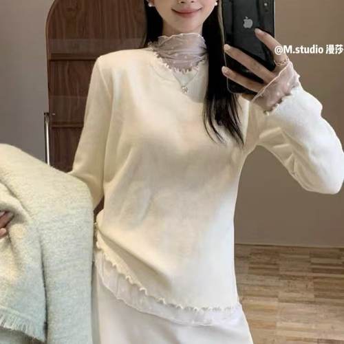 针织衫套头休闲直筒套头长袖拼接蕾丝打底显瘦休闲女 L#2