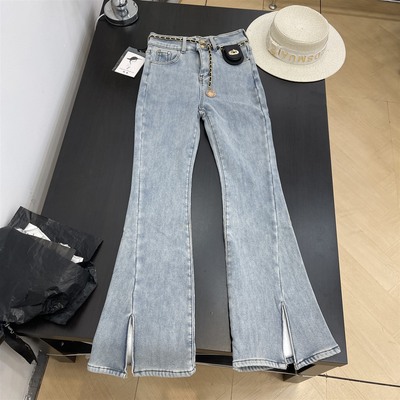 薄绒牛仔裤高腰秋冬季修身显瘦开叉微喇长裤女 L#7