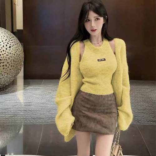 慵懒风软糯针织开衫挂脖背心两件套女秋冬显瘦减龄套装L#2