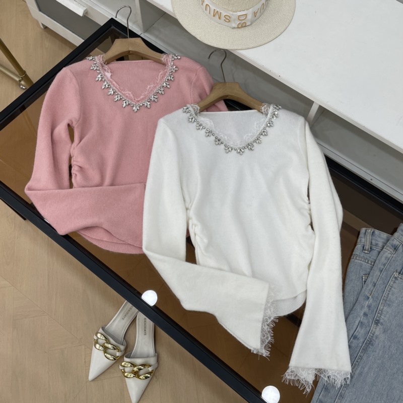 小香风重工镶钻长袖T恤女春季新款修身显瘦打底衫上衣C#25