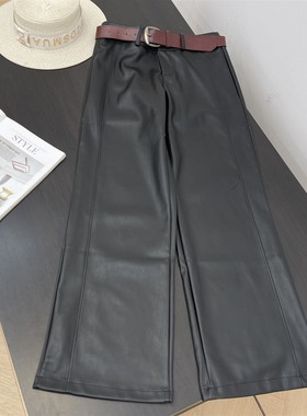 加绒配腰带复古PU皮裤春季新款高腰休闲直筒长裤 K#16