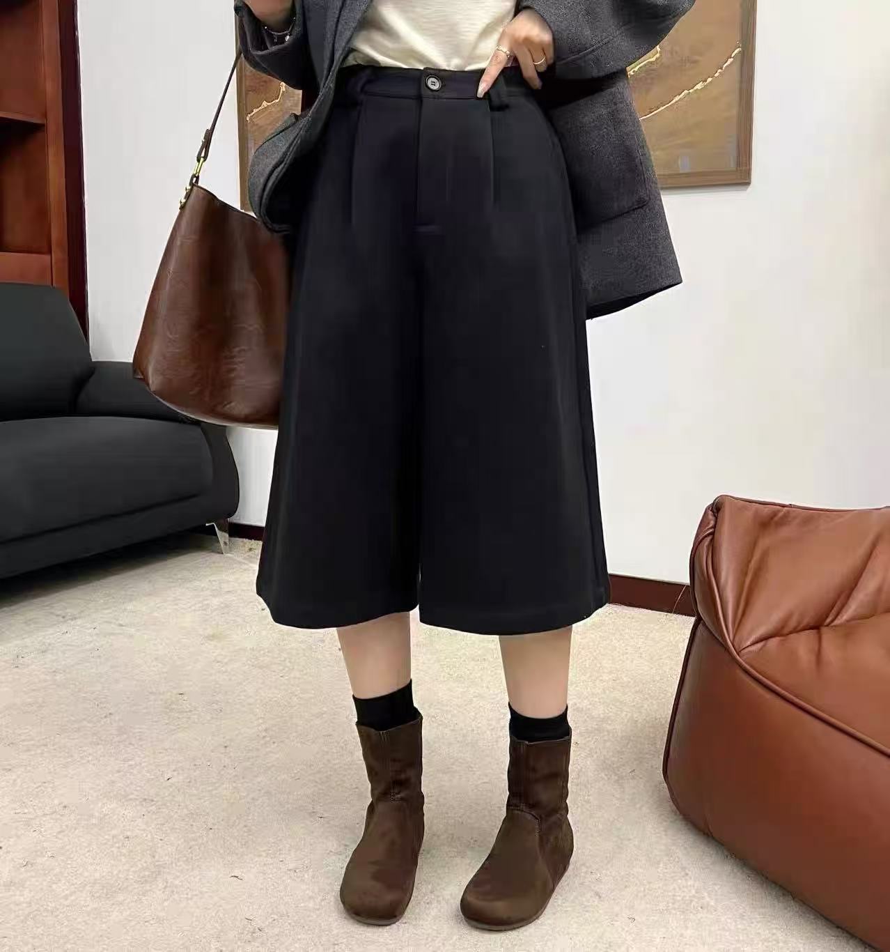 韩系毛呢阔腿裤女秋冬新款大码高腰宽松显瘦休闲直筒裤K#16