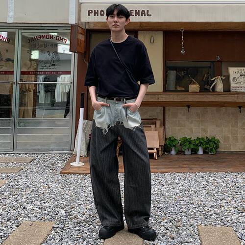 AC复古拼接3D打印男牛仔裤