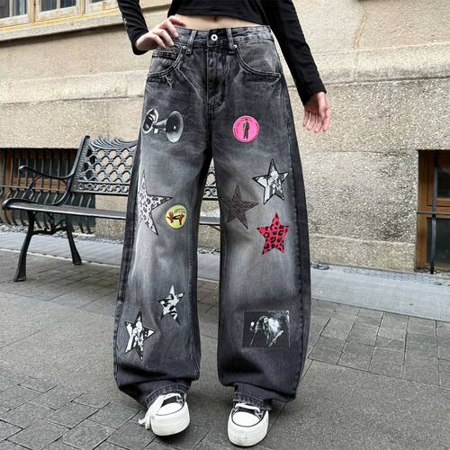 高街复古印花补丁阔腿牛仔裤