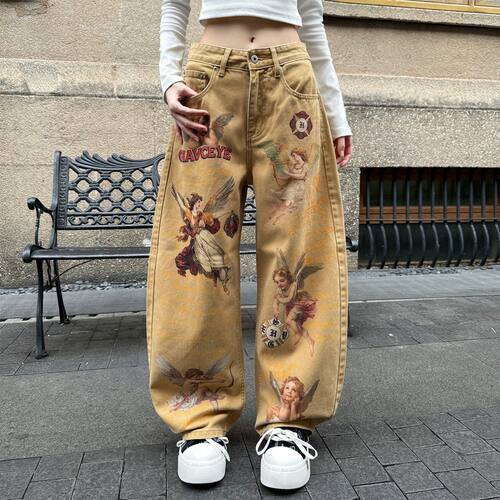 美式复古印花高腰阔腿牛仔裤