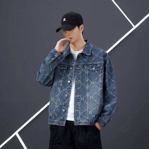 美式复古菱格提花男牛仔夹克