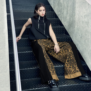 新款 今年流行特惠美式 夏季 阔脚牛仔裤 街头撞色拼接压褶豹纹长款