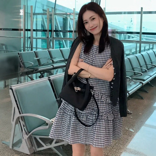 今年流行特惠2026夏季爆款复古格纹无袖连衣裙女夏假两件A字裙