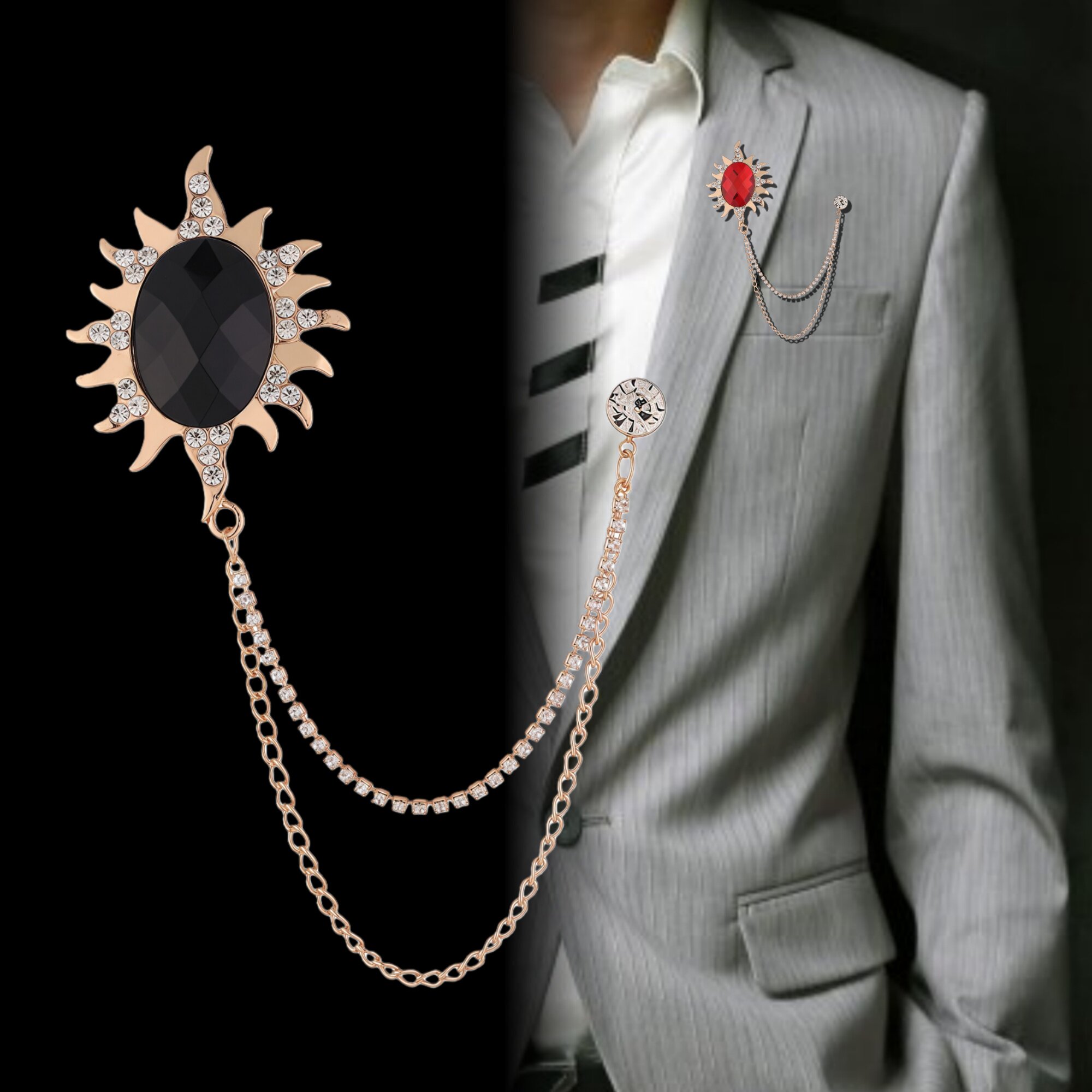 欧美风太阳花胸针男士西装别针合金水钻链条领针装饰高端服饰配饰