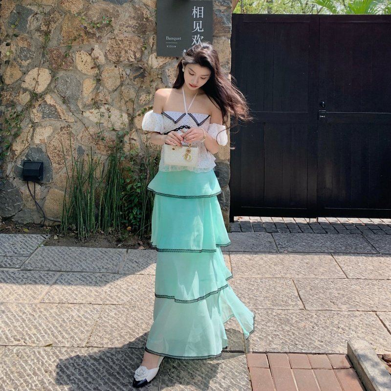 法式度假风波点印花系带短袖一字肩开衫女蕾丝拼接双层半裙两件套,女装/女士精品,连衣裙,淘宝优惠券,粉丝福利购,淘宝优惠卷