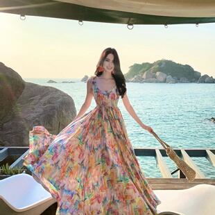 多巴胺海边丁达尔裙印花三亚海岛度假穿搭沙滩旅游大摆露背连衣裙