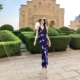 碎花v领漏背海滩度假长裙性感辣妹收腰包臀挂脖无袖 背心连衣裙