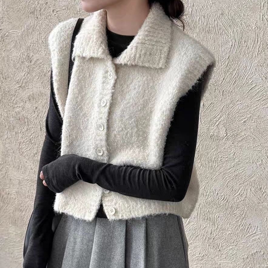 韩系慵懒风翻领针织马甲女秋冬新款宽松显瘦无袖坎肩背心毛衣外套