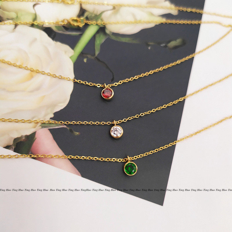 极简美国设计14K包金祖母绿超迷你小锆石吊坠细锁骨链 女单钻项链
