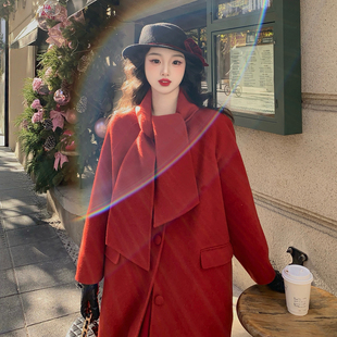 麓津自制《冬日来信》100羊毛900克重复古正红双面呢过年大衣女