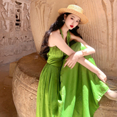 赫本风明艳贵气复古连衣裙女 鎏金绿色挂脖无袖 麓津自制 绿野