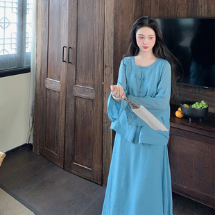 麓津自制《岫玉归云》新中式复古显白开衫套装夏季温柔风连衣裙女