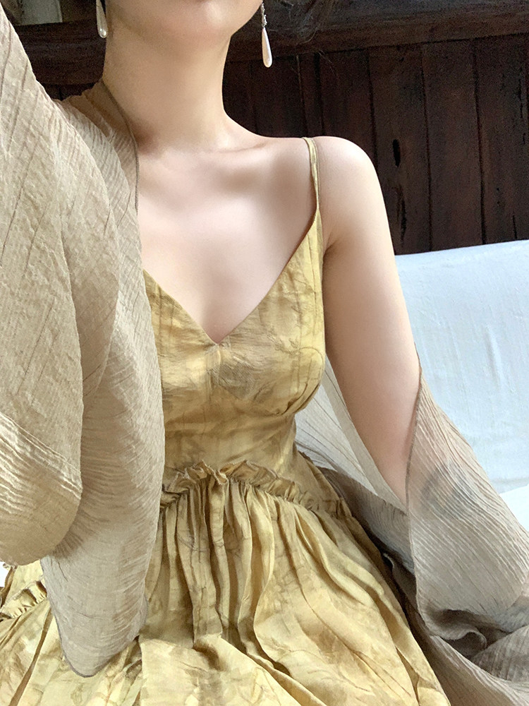 LUJIN의 수제 죽은 나무에 꽃튀김 텐셀 여름 여성 서스펜더 가디건 드레스