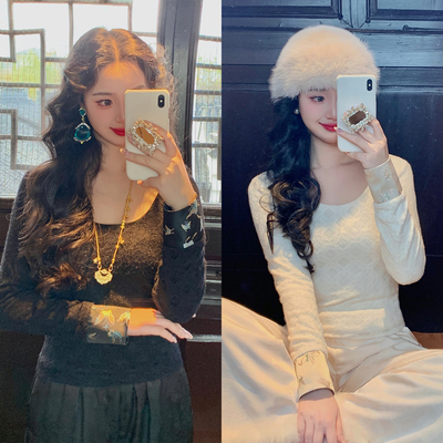 麓津自制《蝶舞》2色加绒磨毛蕾丝复古中式保暖打底袖口蝴蝶秋冬