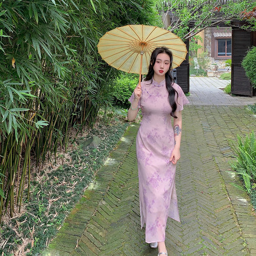 麓津自制《梦里看花》新中式改良连衣裙女夏新款收腰紫色旗袍