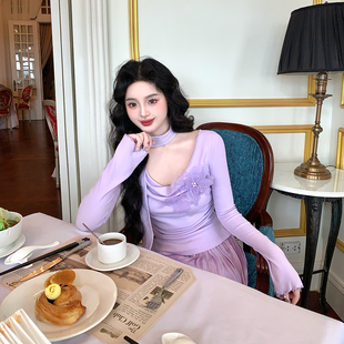 麓津自制《琉璃花》奶白淡紫荡领两穿舒适温柔浪漫针织衫上衣少女