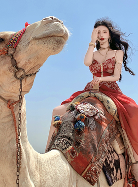 麓津自制《荒野之花》红色复古吊带裙暗红色异域图腾钉珠连衣裙女