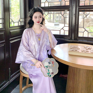 麓津自制《丁香雨》紫色浅金朦胧提花中式夏季透气轻薄上衣衬衫女