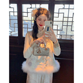 织金钉珠提花加绒鸵鸟毛马甲少女外套秋冬季 麓津自制 月白樱落